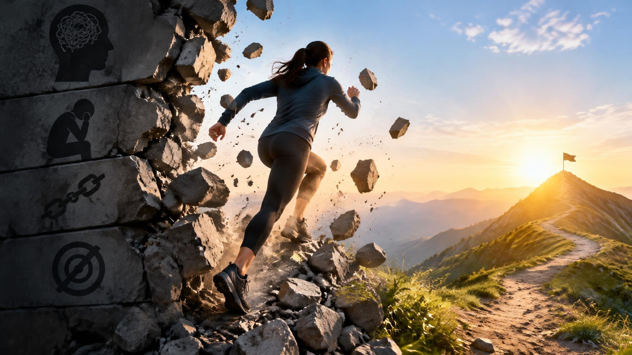 person breaking through barriers