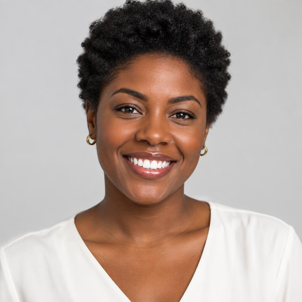 Brazilian woman with short dark hair smiling for a portrait