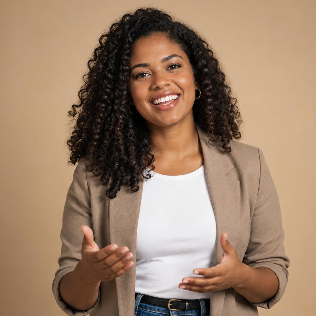 Brazilian woman smiling while speaking during a conversation