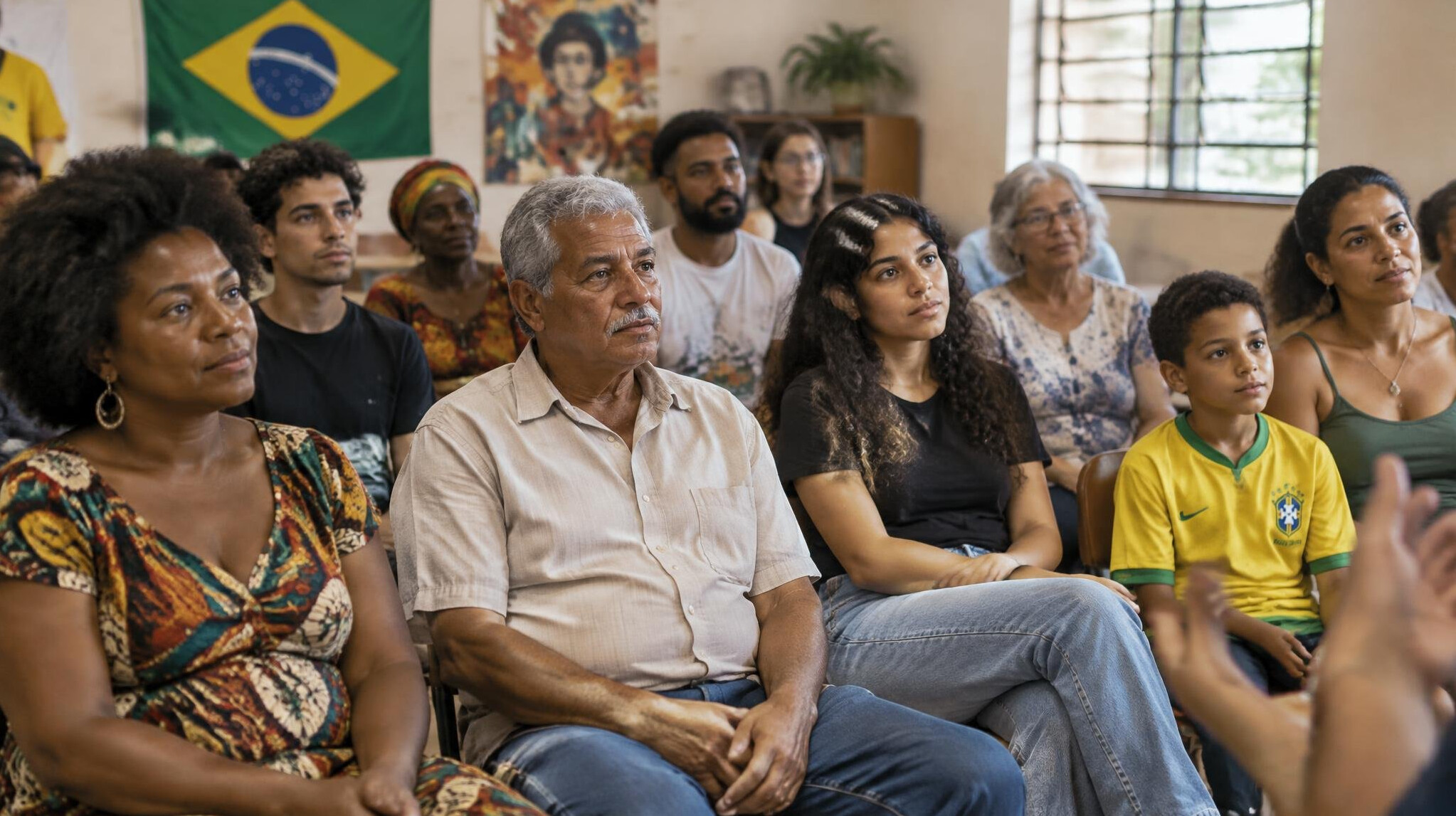 Diverse group of people listening during a community discussion